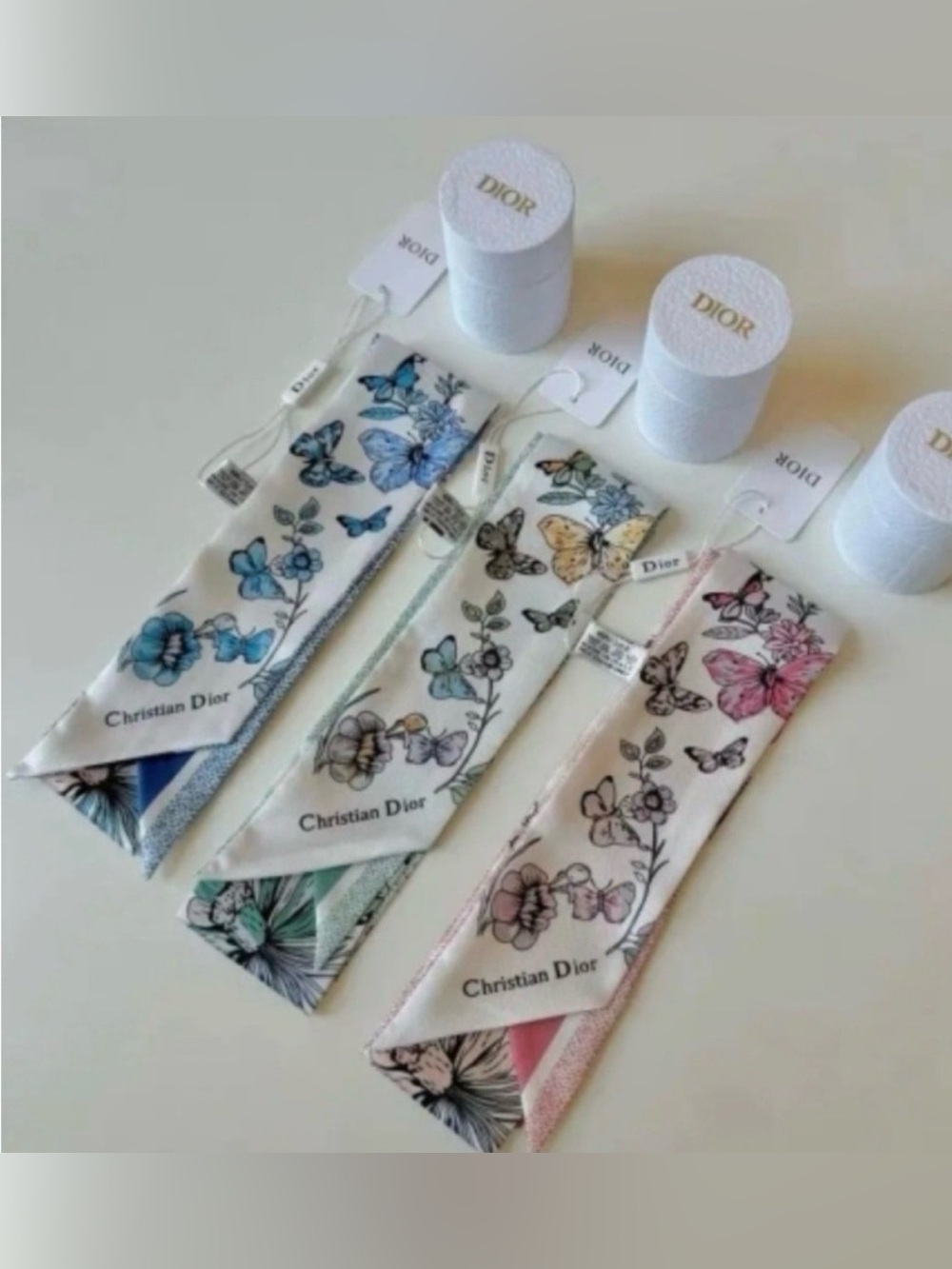Dior Butterfly & Floral Silk Scarf W Dior Box & Gift Bag Set- Pink/Green/Blue